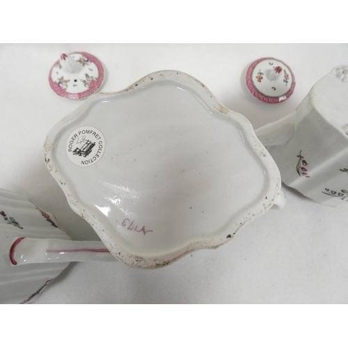 36 - New Hall graduated near pair of reeded silver shape teapots, curved spouts, pattern 139, swags and f... 