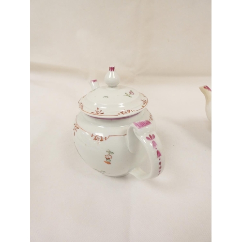 37 - New Hall or Enoch Wood teapot of spherical form, curved plain spout and backward pointing thumb rest... 