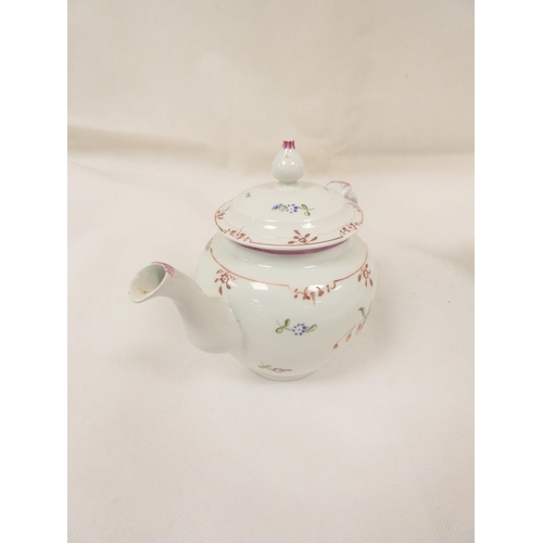 37 - New Hall or Enoch Wood teapot of spherical form, curved plain spout and backward pointing thumb rest... 