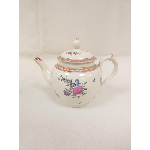 37 - New Hall or Enoch Wood teapot of spherical form, curved plain spout and backward pointing thumb rest... 