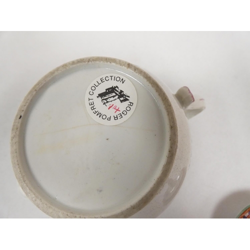 37 - New Hall or Enoch Wood teapot of spherical form, curved plain spout and backward pointing thumb rest... 