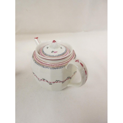 38 - New Hall teapot of spherical form with clip handle, pattern U23, blue and gilt swags, impact damage ... 