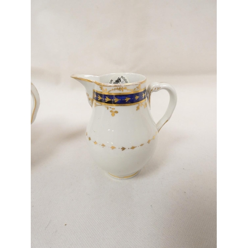 38 - New Hall teapot of spherical form with clip handle, pattern U23, blue and gilt swags, impact damage ... 