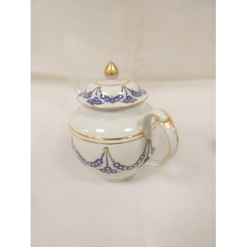 38 - New Hall teapot of spherical form with clip handle, pattern U23, blue and gilt swags, impact damage ... 
