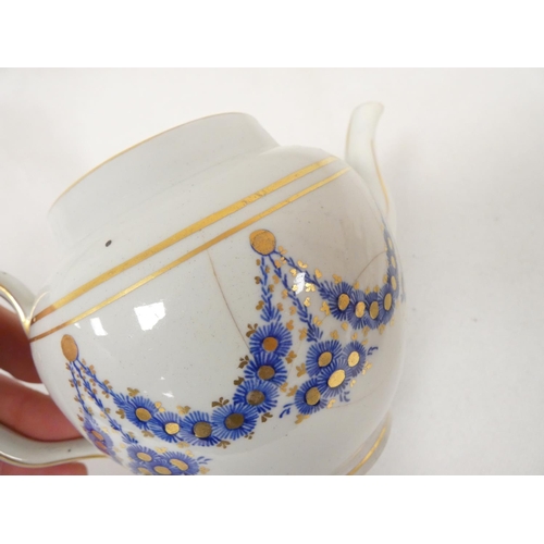 38 - New Hall teapot of spherical form with clip handle, pattern U23, blue and gilt swags, impact damage ... 