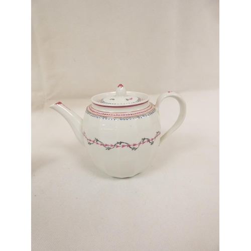 38 - New Hall teapot of spherical form with clip handle, pattern U23, blue and gilt swags, impact damage ... 