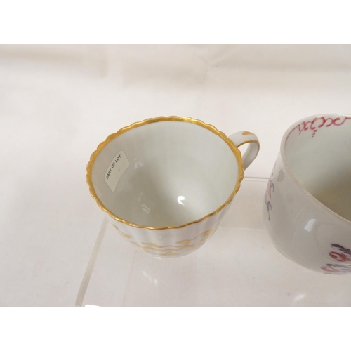 41 - New Hall coffee cup of very rare ribbed form with unusual shaped handle, gilt line and trailing foli... 