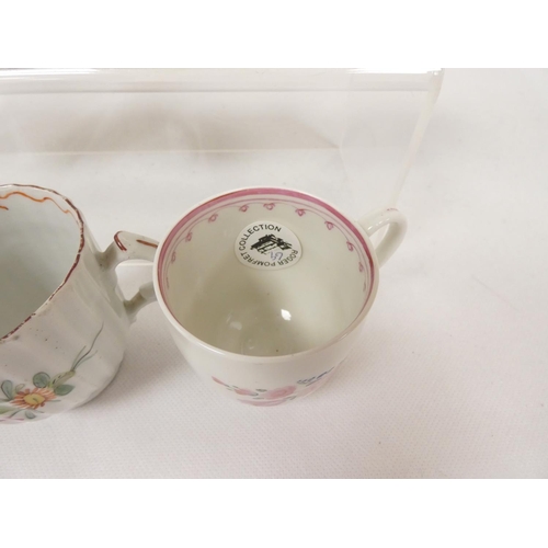 43 - Rare early New Hall coffee cup of corrugated form with double scroll handle, floral sprays with knit... 