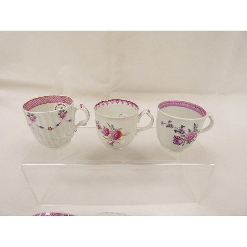 43 - Rare early New Hall coffee cup of corrugated form with double scroll handle, floral sprays with knit... 