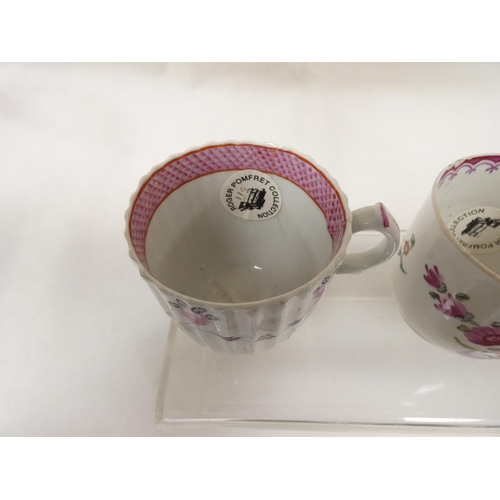 43 - Rare early New Hall coffee cup of corrugated form with double scroll handle, floral sprays with knit... 