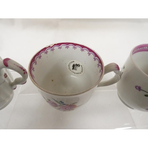 43 - Rare early New Hall coffee cup of corrugated form with double scroll handle, floral sprays with knit... 