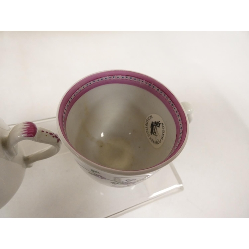 43 - Rare early New Hall coffee cup of corrugated form with double scroll handle, floral sprays with knit... 