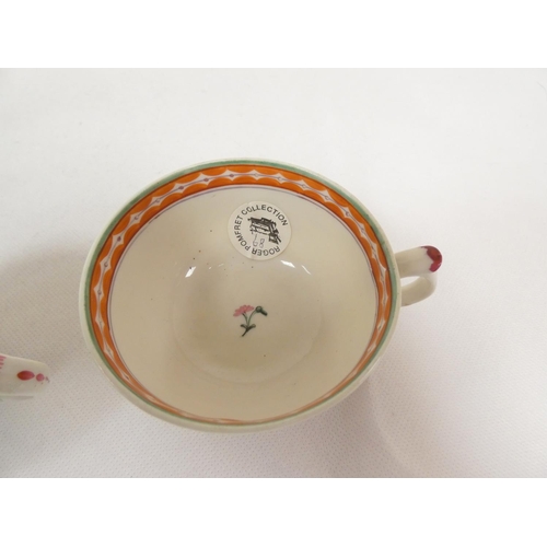 44 - New Hall handled teabowl and saucer with rare backward pointing thumb rest, variant of pattern 3, fl... 