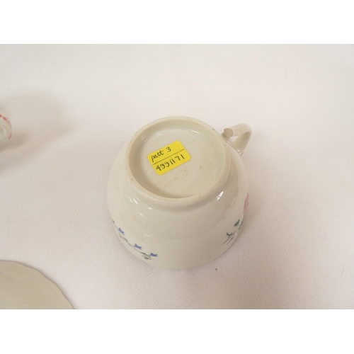 44 - New Hall handled teabowl and saucer with rare backward pointing thumb rest, variant of pattern 3, fl... 