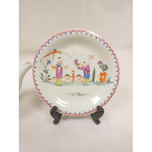 51 - New Hall teapot of spherical form, curved spout with moulding, on circular flanged stand, pattern 20... 