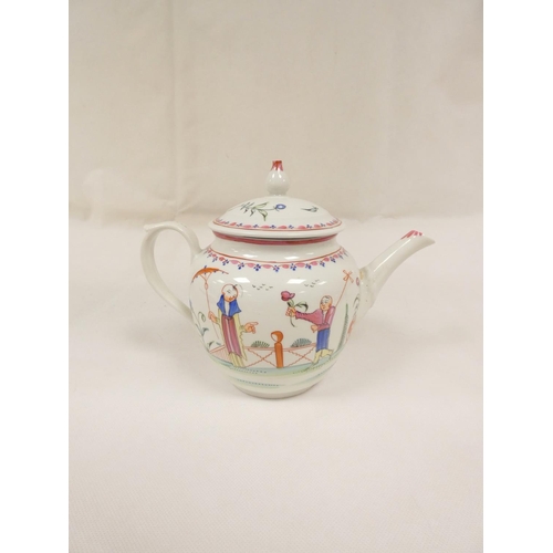 51 - New Hall teapot of spherical form, curved spout with moulding, on circular flanged stand, pattern 20... 