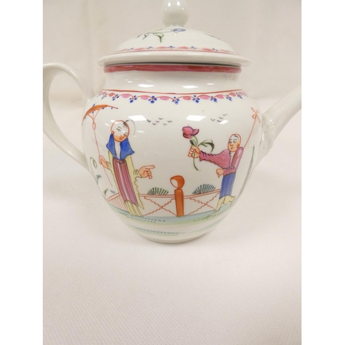 51 - New Hall teapot of spherical form, curved spout with moulding, on circular flanged stand, pattern 20... 