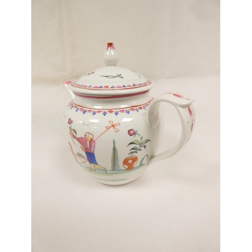 51 - New Hall teapot of spherical form, curved spout with moulding, on circular flanged stand, pattern 20... 