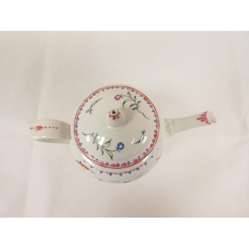 51 - New Hall teapot of spherical form, curved spout with moulding, on circular flanged stand, pattern 20... 