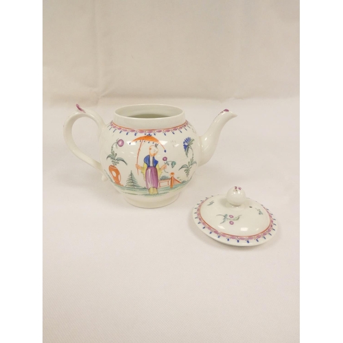 52 - New Hall or perhaps Enoch Wood teapot of spherical form with plain curved spout, version of pattern ... 