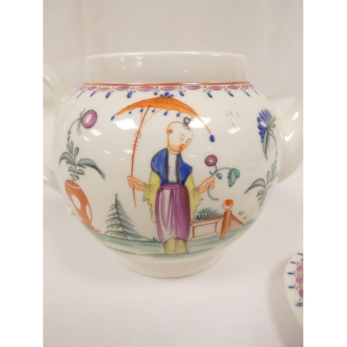 52 - New Hall or perhaps Enoch Wood teapot of spherical form with plain curved spout, version of pattern ... 