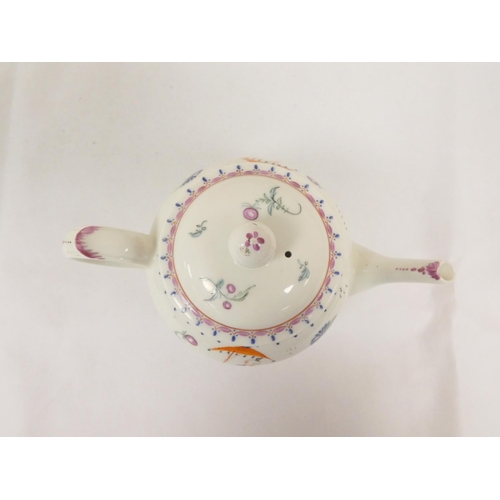 52 - New Hall or perhaps Enoch Wood teapot of spherical form with plain curved spout, version of pattern ... 