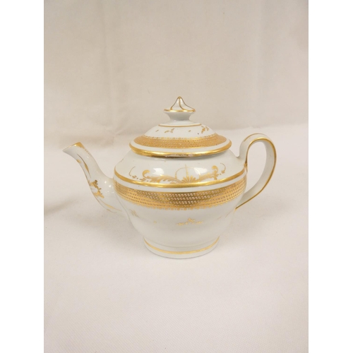 57 - New Hall teapot of oval waisted plain form with plain loop handle, gilt band and spray decoration, 1... 