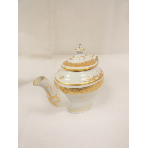 57 - New Hall teapot of oval waisted plain form with plain loop handle, gilt band and spray decoration, 1... 