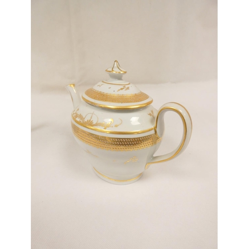 57 - New Hall teapot of oval waisted plain form with plain loop handle, gilt band and spray decoration, 1... 