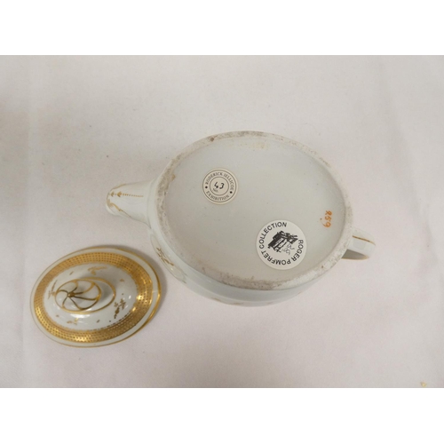 57 - New Hall teapot of oval waisted plain form with plain loop handle, gilt band and spray decoration, 1... 