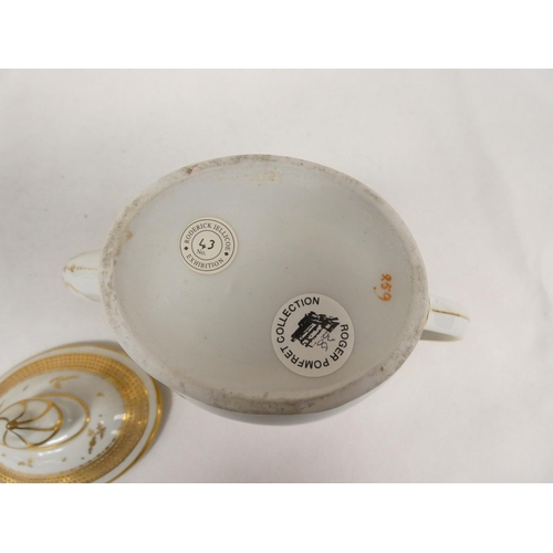 57 - New Hall teapot of oval waisted plain form with plain loop handle, gilt band and spray decoration, 1... 