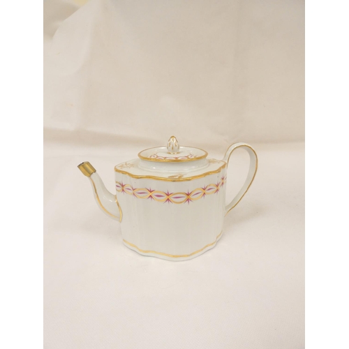 57 - New Hall teapot of oval waisted plain form with plain loop handle, gilt band and spray decoration, 1... 