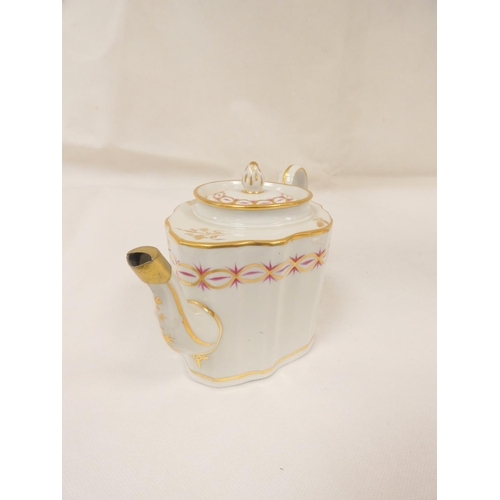 57 - New Hall teapot of oval waisted plain form with plain loop handle, gilt band and spray decoration, 1... 