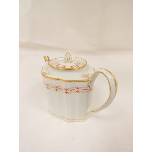 57 - New Hall teapot of oval waisted plain form with plain loop handle, gilt band and spray decoration, 1... 