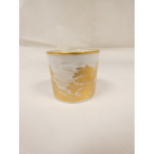 58 - New Hall coffee can, a mountain and lake landscape printed in gold, blue and gold foliate band to re... 