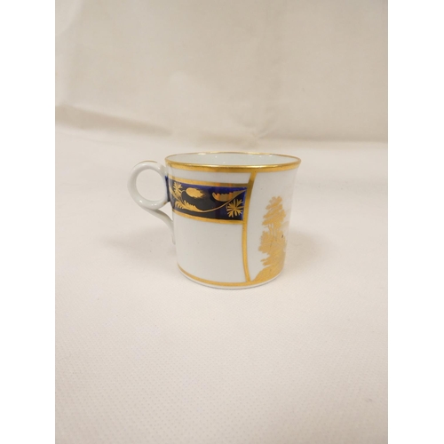 58 - New Hall coffee can, a mountain and lake landscape printed in gold, blue and gold foliate band to re... 