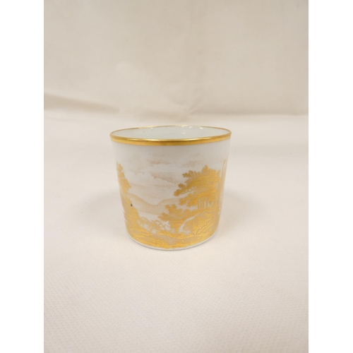 58 - New Hall coffee can, a mountain and lake landscape printed in gold, blue and gold foliate band to re... 