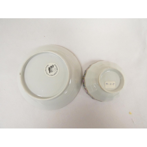 59 - New Hall teabowl and saucer of faceted form, well painted pattern U27, a pale blue band with trailin... 