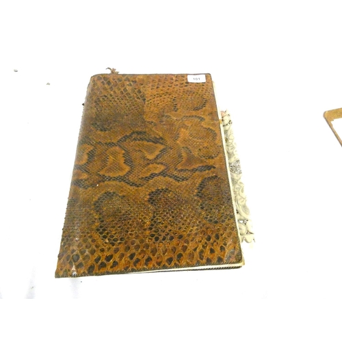 101 - Snakeskin folder of ephemera and photos and beadwork bag.