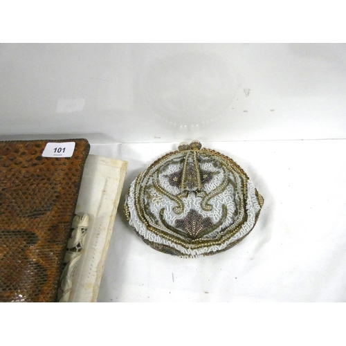 101 - Snakeskin folder of ephemera and photos and beadwork bag.