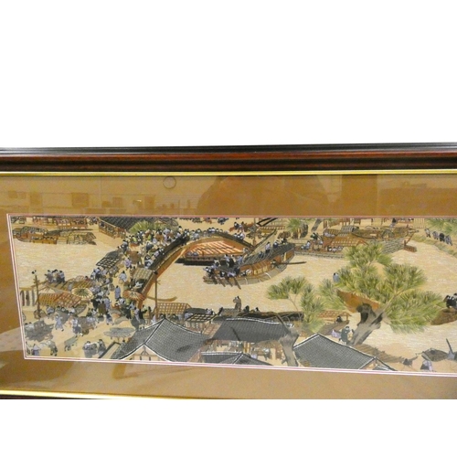 151 - Large, framed, Chinese silk work of fishing village.