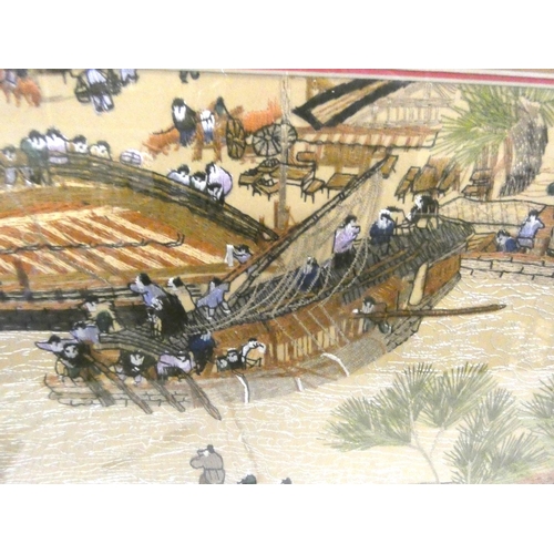 151 - Large, framed, Chinese silk work of fishing village.