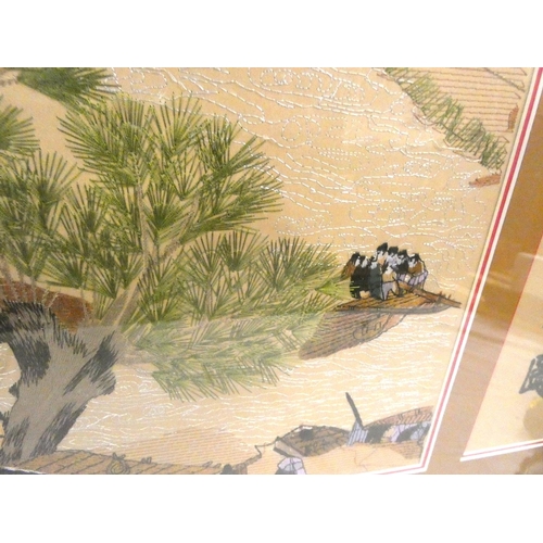 151 - Large, framed, Chinese silk work of fishing village.