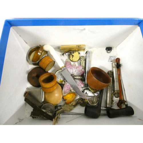 161 - Small box of vintage curious to include pocket watches, penknife, lighters etc.&nbsp;
