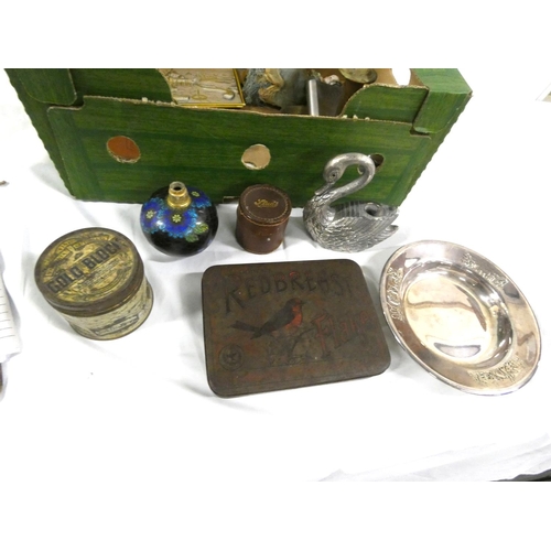 165 - Box of vintage curios to include tins, clodonne scent bottle, chamber stick etc.