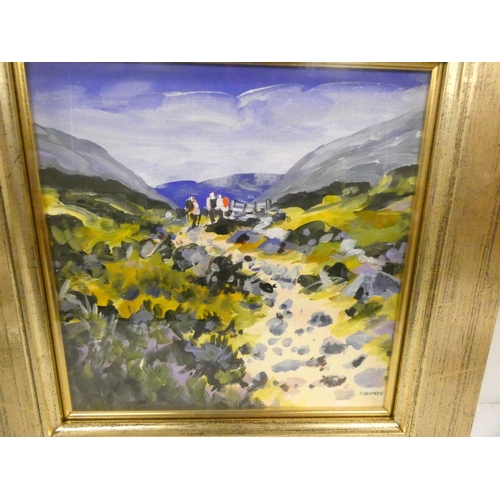 169 - Kathleen Bremner 'Walkers at the Glass Alt'.Signed, arcylic, 28cm x 28cm