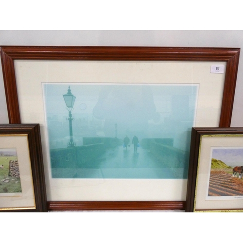 61 - Two border Fine Art prints, Spring Lambing, Ploughman's Lunch and print of people walking over a bri... 