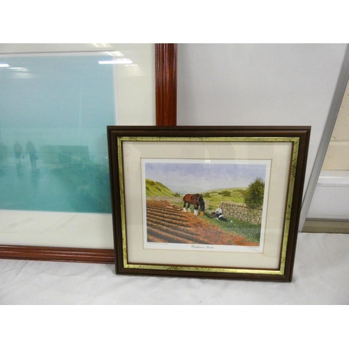 61 - Two border Fine Art prints, Spring Lambing, Ploughman's Lunch and print of people walking over a bri... 