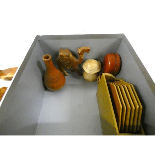 62 - Small box of carved treen to include candlestick, mice, frog, camel etc.