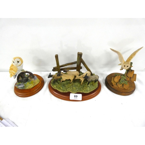 69 - Three Border Fine Arts figures to include Barn Owl on a wheel, Flying Barn Owl, The Derby.